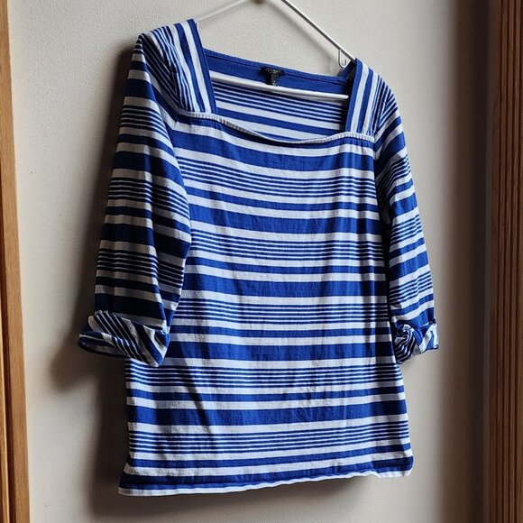 Talbots Blue/White Striped Square Neck Shirt Size X - Picture 4 of 15